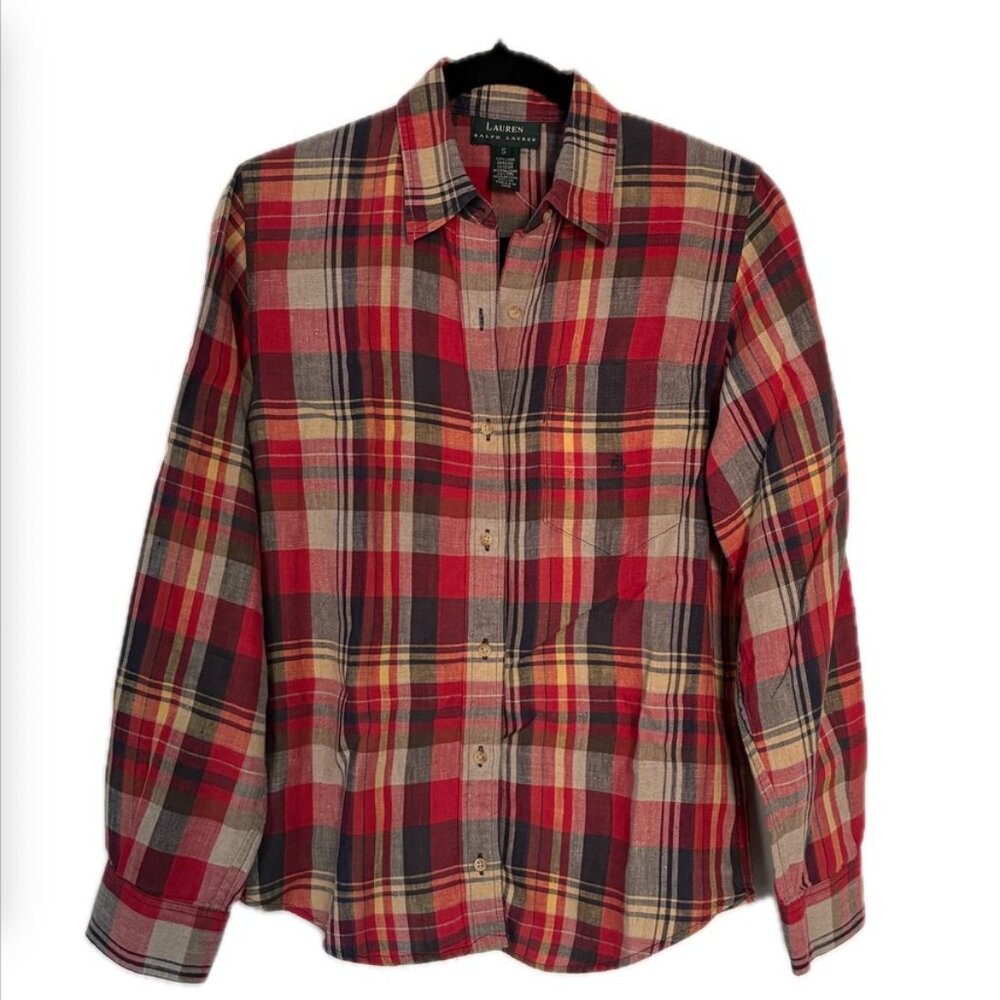 Ralph Lauren Plaid Button Up Shirt Long Tab Sleeve Western Autumn Colors Wm Sz S - Picture 7 of 7